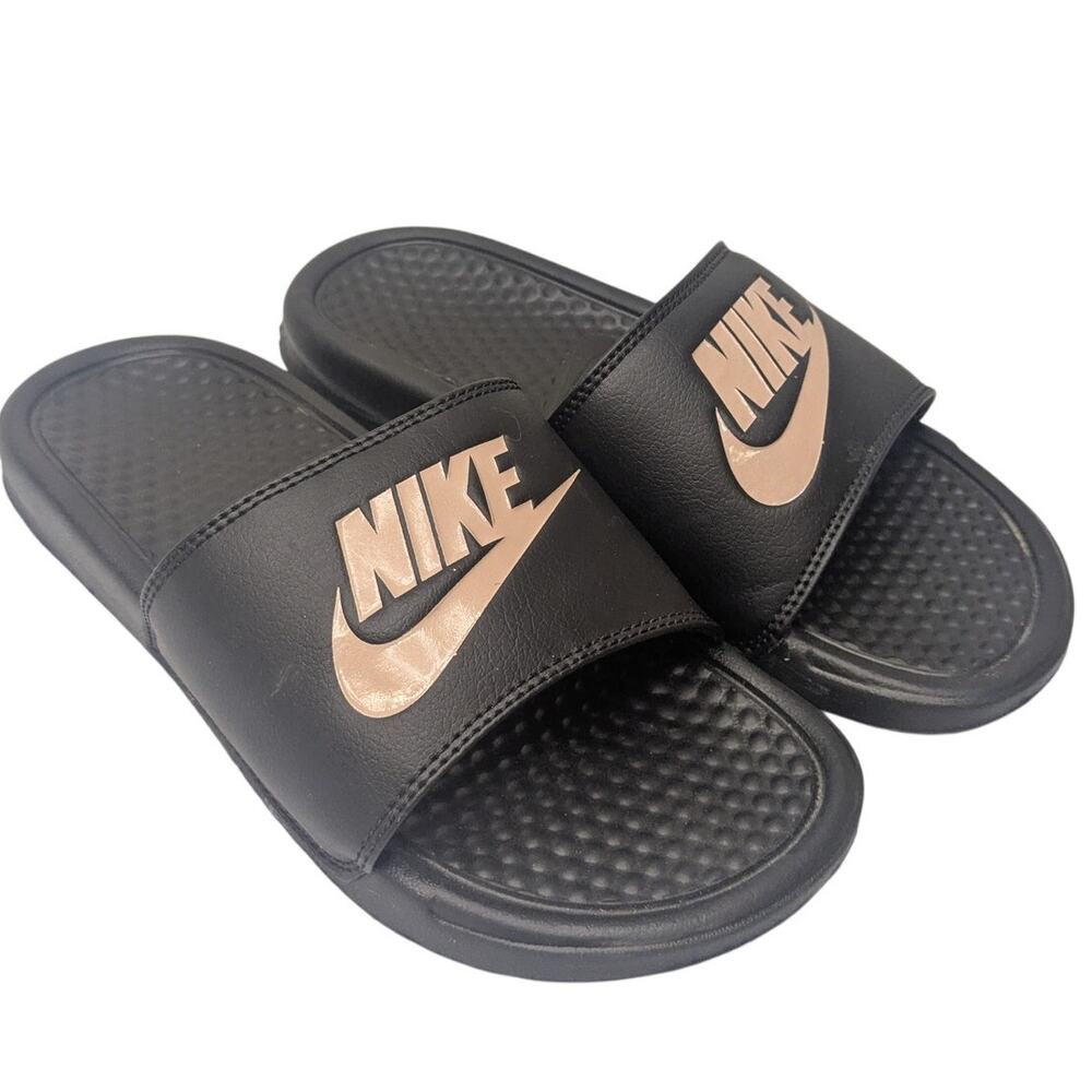 NIKE Benassi Slide Sandals Women's Size 7 Just Do It Rose Gold Black Slip On